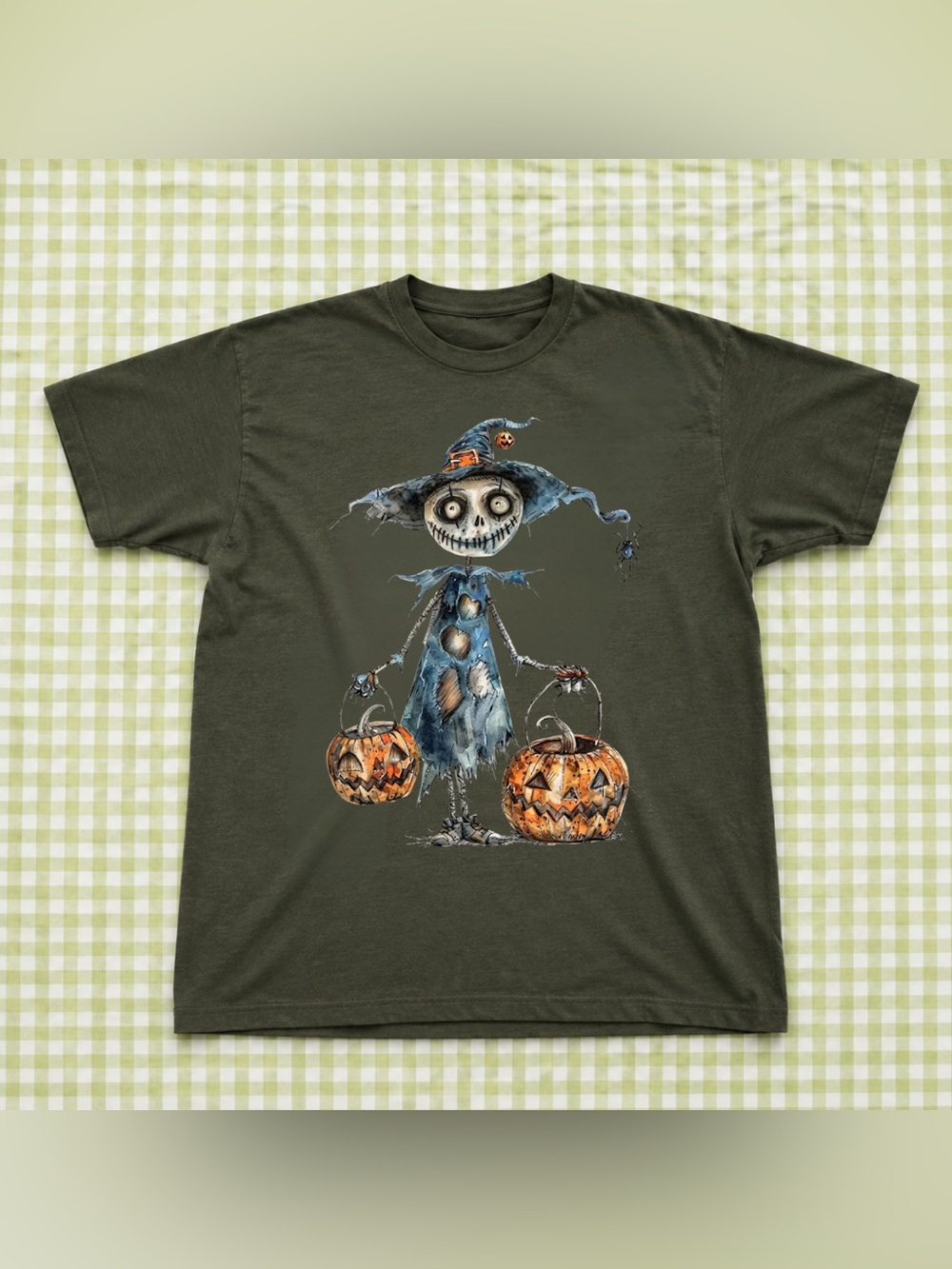 Halloween Scarecrow Costume Tee - Forest Green Vintage With Cute Spooky Graphic